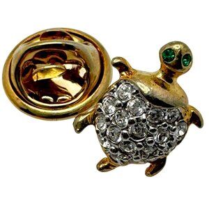 Gold-Tone Turtle Lapel Pin Brooch With Clear Rhinestones & Green Eyes 1 Inch